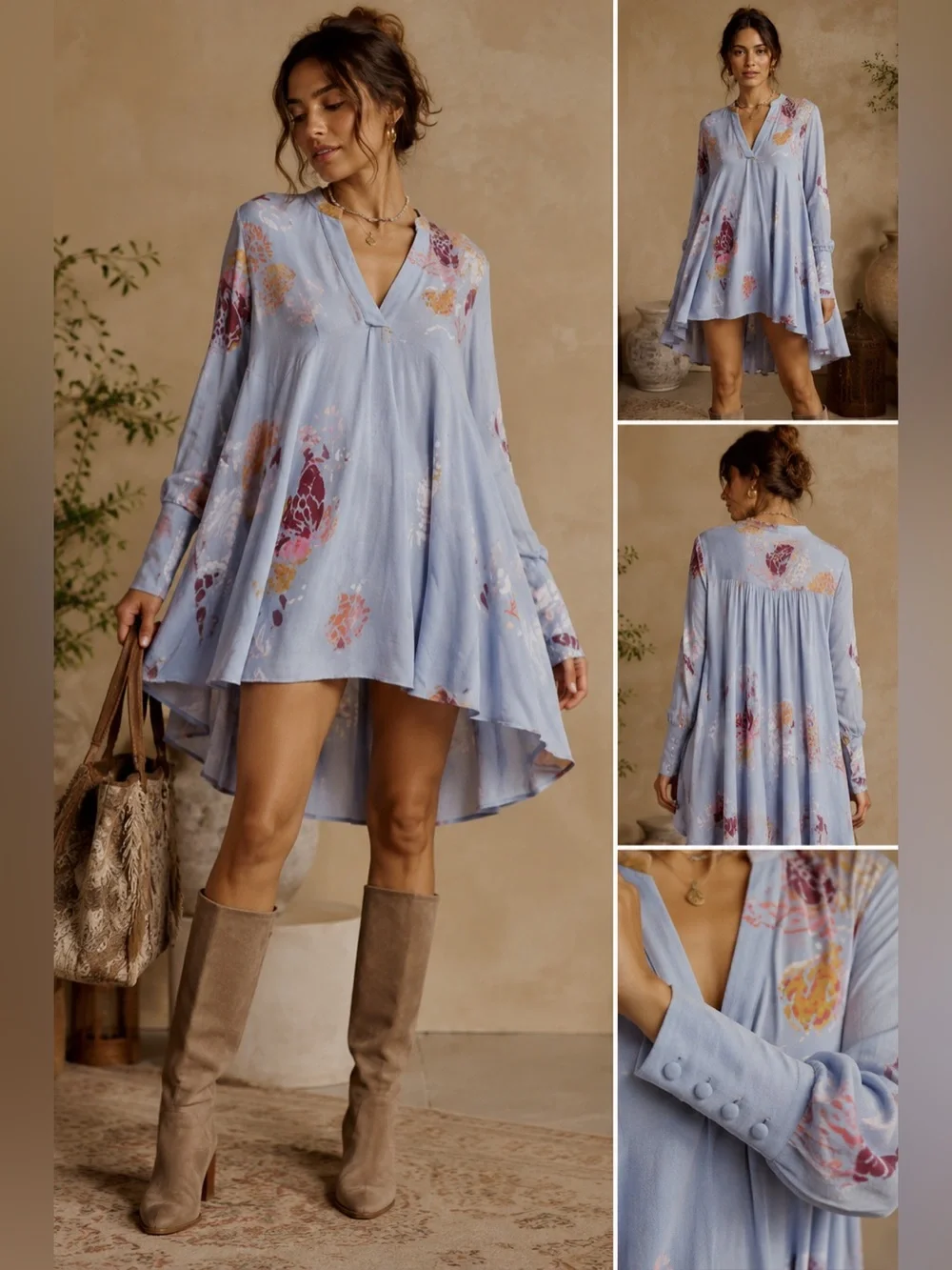 Free People Field of Butterflies Tunic Dress Blue Floral Hi-Low Swing Top Small